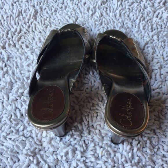 Cole Haan Shoe Gold Leather Slip On Woven Detail Peep Toe Wedges - Picture 3 of 6